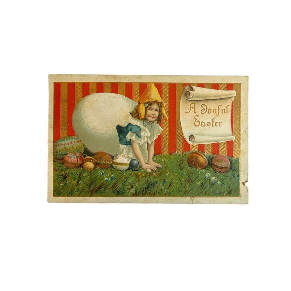 Antique 1911 Easter Greetings Postcard Little Girl Oversized Eggshell Colorful - Picture 2 of 7